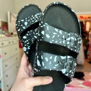 EUC Freedom Moses Black & White Terrazzo 2 Strap Sandals